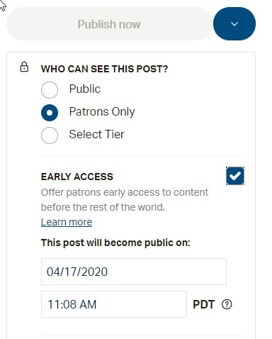 The Patreon interface for managing exclusive content. The "Early Access" option lets you unlock a member exclusive for the public at a specified date and time.