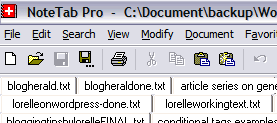 Example of a multi-tabbed text editor, creating different files to support blogging content