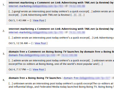 Example of trackback splog comment spam