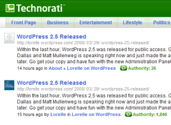 Technorati Authority Rank shows 2 different rankings for Lorelle on WordPress