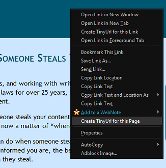 TinyURL integrated into right click menu of FireFox Browser