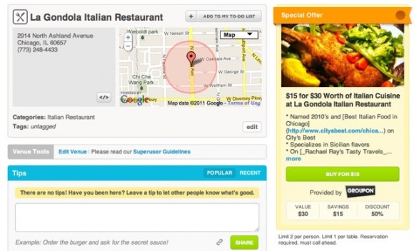 Groupon and Foursquare Deals Screen