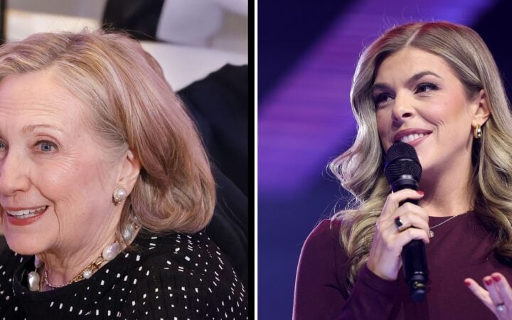 Side by side: Hillary Clinton smiling, and Allie Beth Stuckey speaking into a microphone on stage.